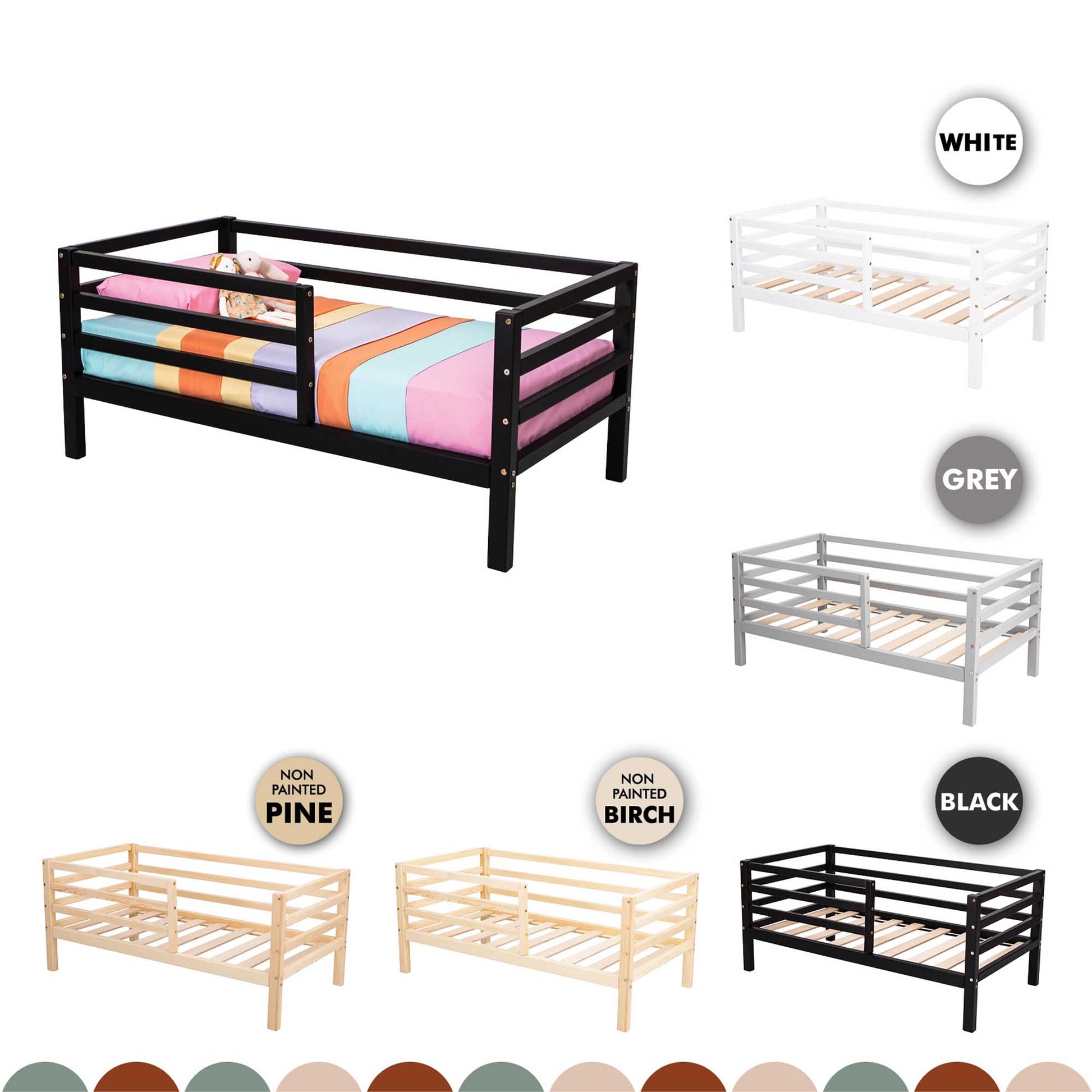 A Sweet Home From Wood Montessori-inspired toddler bed with a horizontal rail fence, available in different colors and styles.