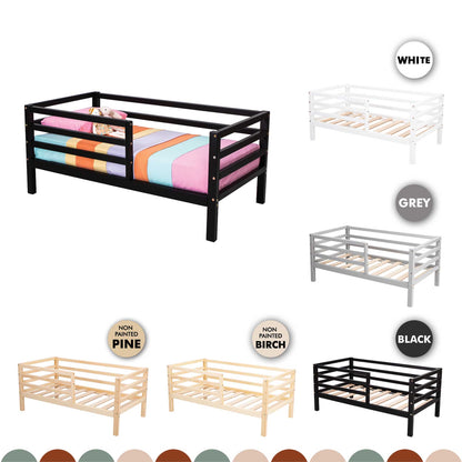 A Sweet Home From Wood Montessori-inspired toddler bed with a horizontal rail fence, available in different colors and styles.