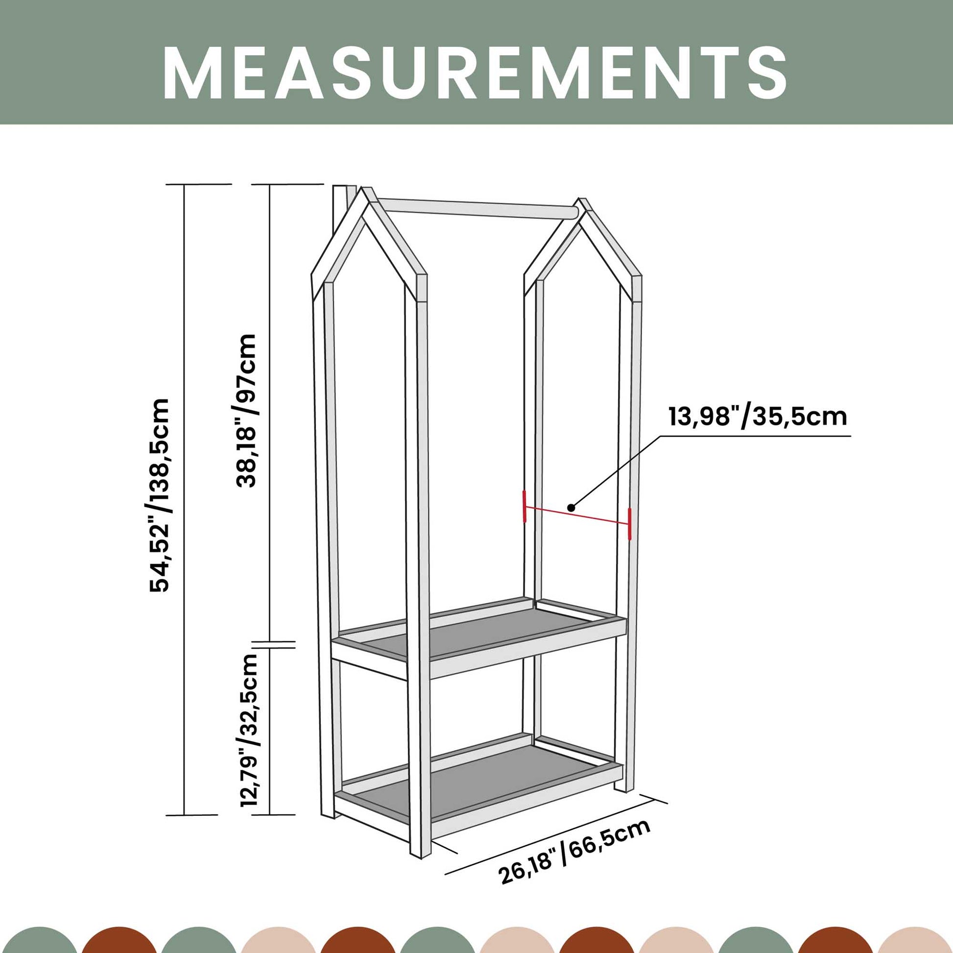 Measurements for a Sweet Home From Wood Montessori wardrobe shop display rack.