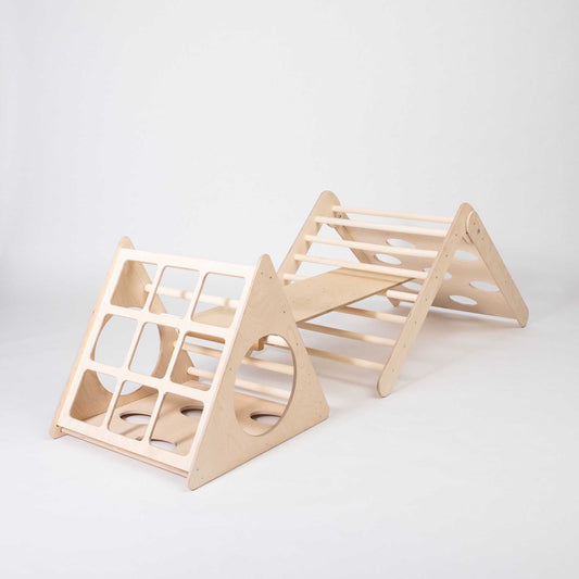 Montessori climber set, featuring two distinct triangle climbers and an accompanying ramp, providing a diverse and engaging play environment for children.