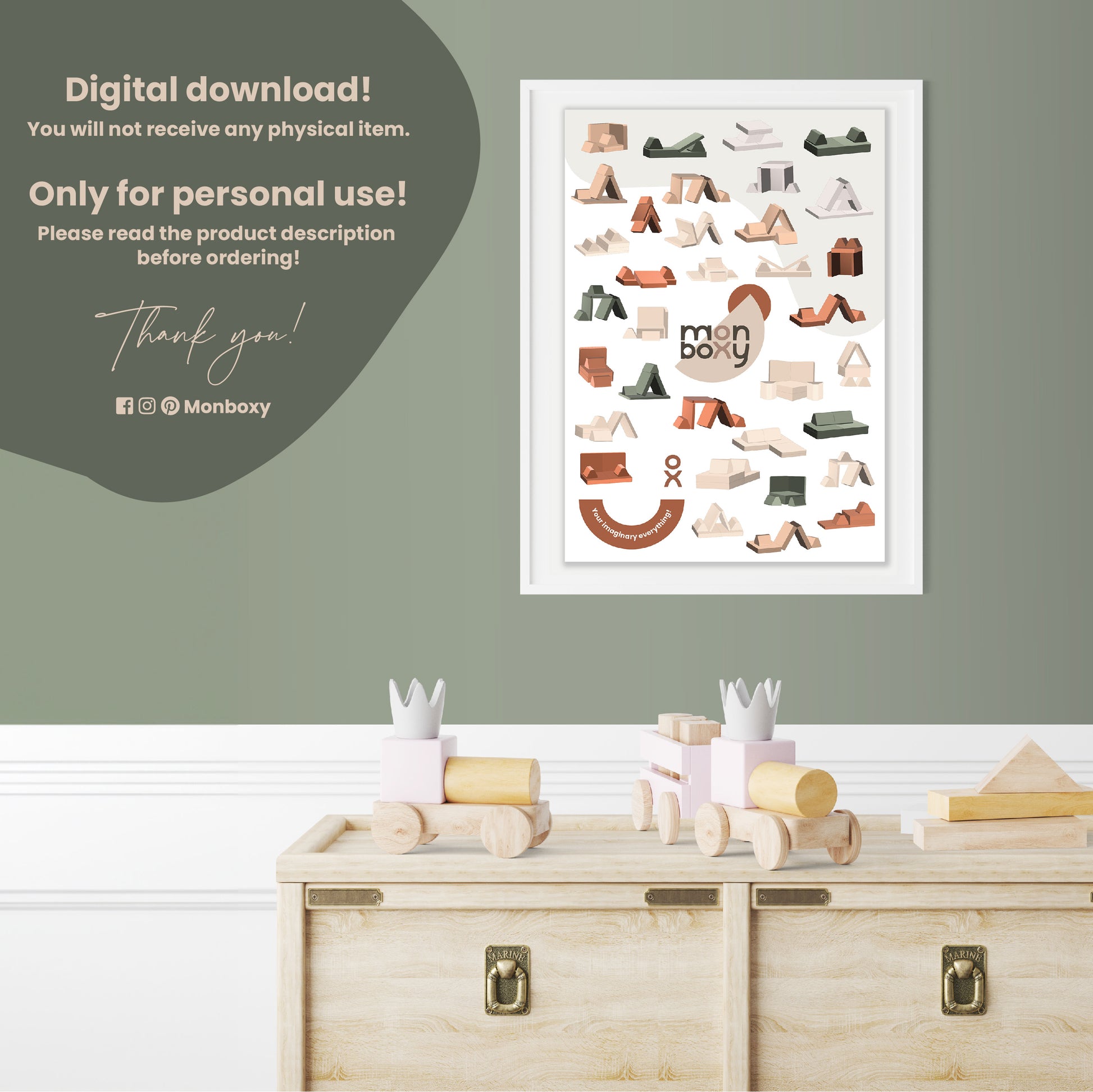 An image of a child's room with foam blocks set for kids, toys, and a Activity sofa build ideas poster - Muted colors | digital download by Sweet HOME from wood.