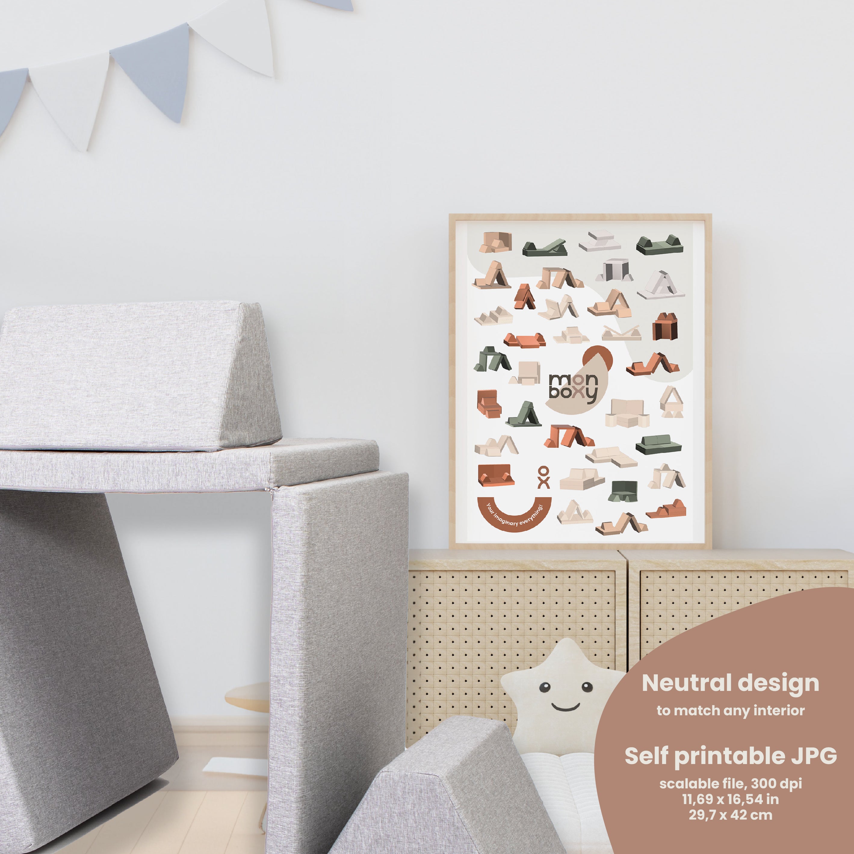 A child's room with a Sweet HOME from wood Activity sofa build ideas poster - Muted colors | digital download for kids and a poster of animals.