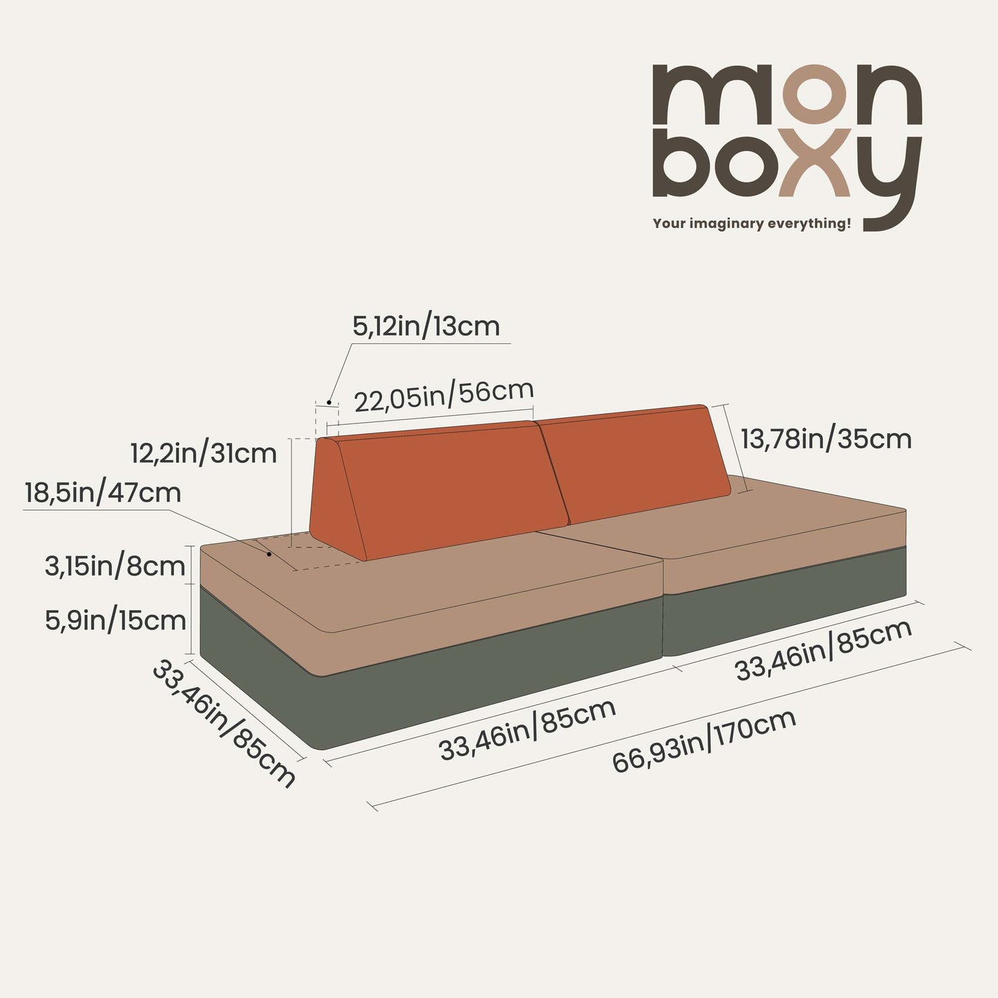 Diagram of the Activity Play Couch Set with dimensions: 66.93in/170cm wide, 33.46in/85cm deep, seat height 11.42in/29cm, back height 15.75in/40cm, and armrest height 5.12in/13cm. Perfect as an indoor play gym or sleepover mattress; Brand "monboxy.