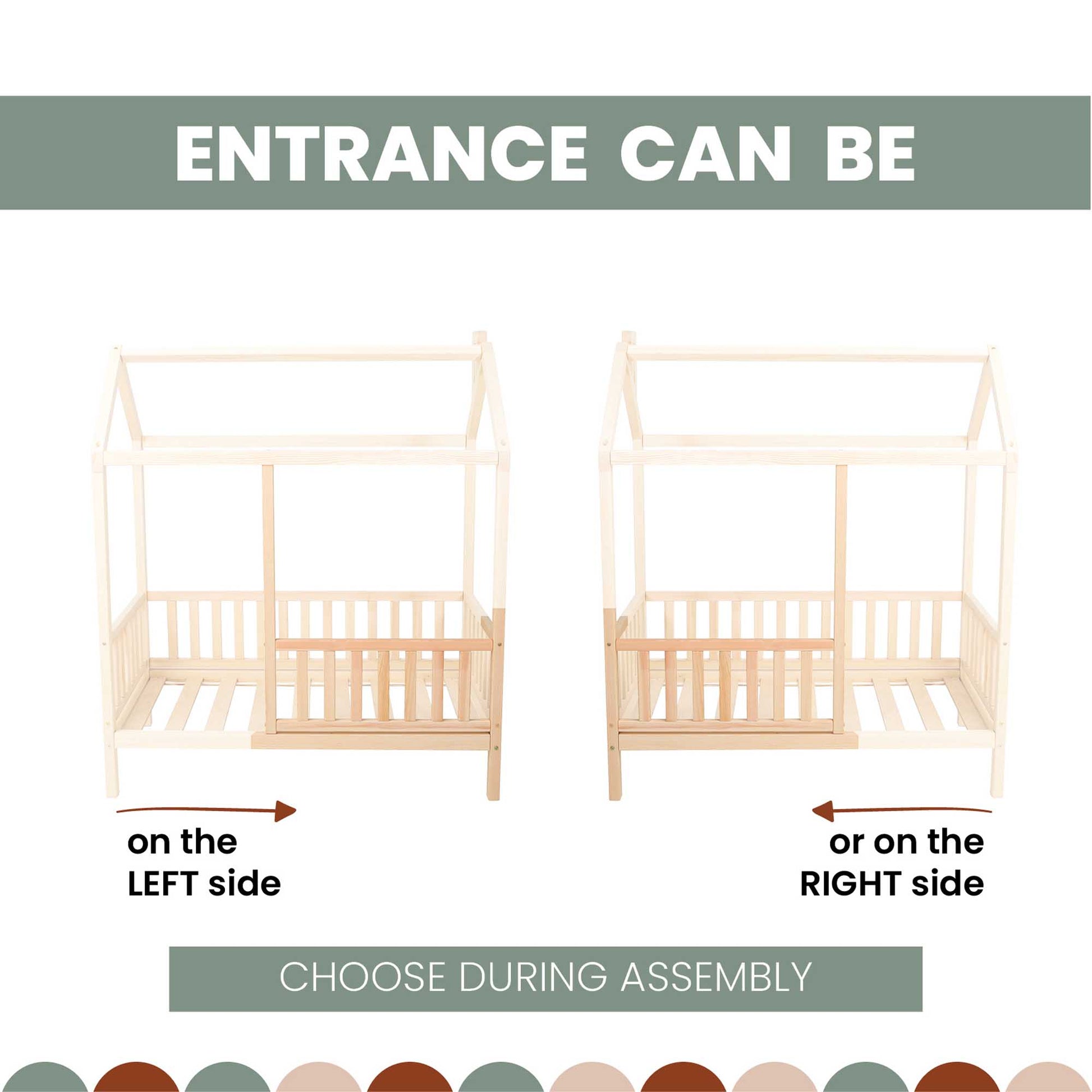 Diagram showing two orientations of a house bed on legs with removable guard rails. With text indicating the entrance can be on the left or right side.