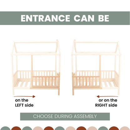 Diagram showing two orientations of a house bed on legs with removable guard rails. With text indicating the entrance can be on the left or right side.