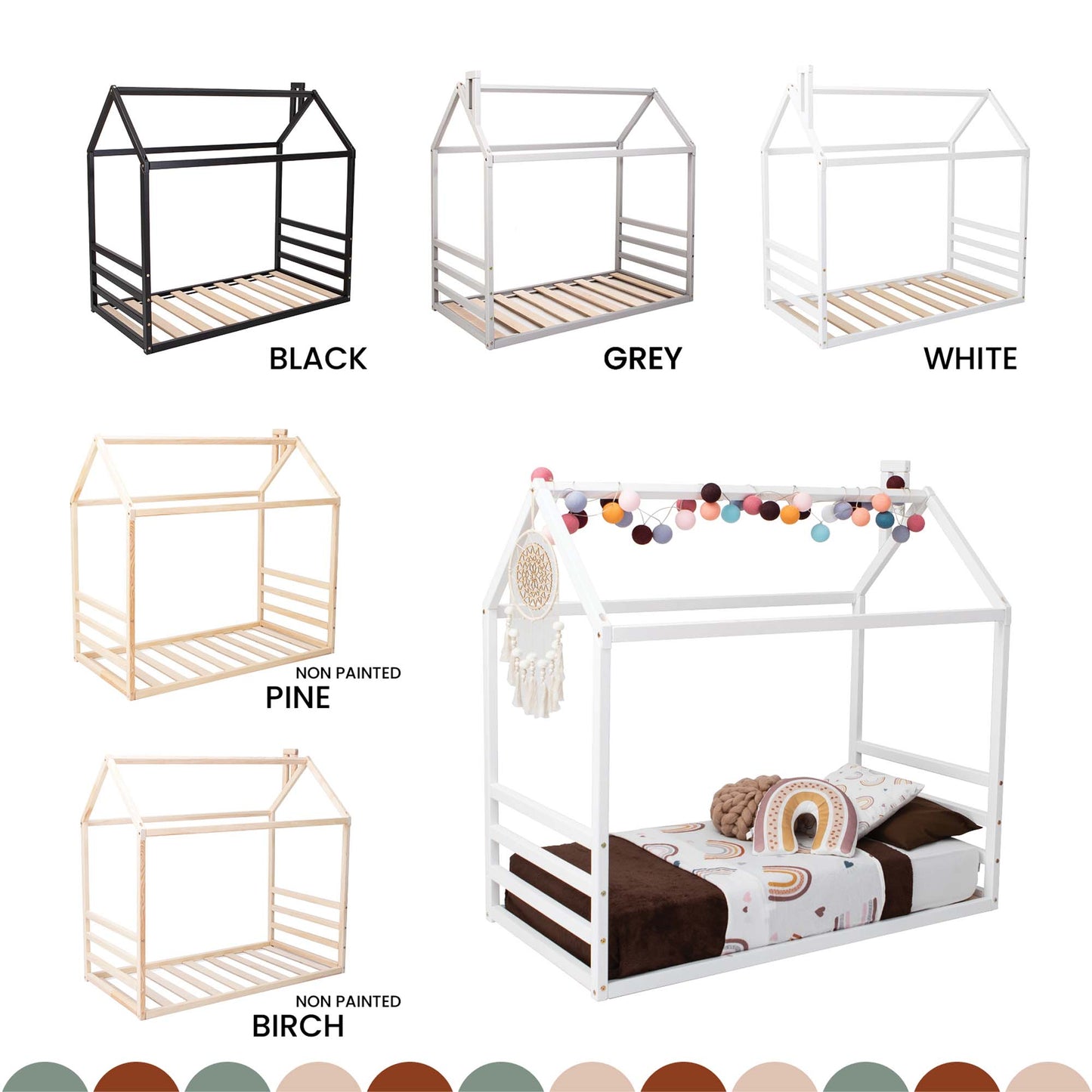 Image showcasing six variants of a Floor house-frame bed with a horizontal headboard and footboard in different colors: black, grey, white, non-painted pine, non-painted birch, and a decorated white Montessori house bed with a mattress and bedding.