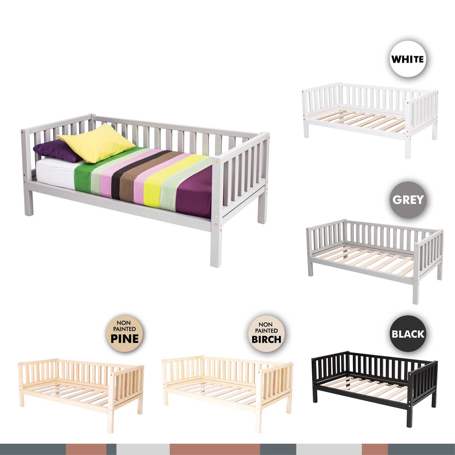 A variety of Sweet Home From Wood Montessori-inspired children's beds in different colors, made from solid wood, including the Kids' platform bed on legs with 3-sided rails.
