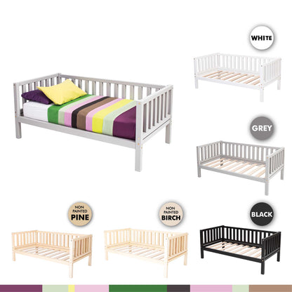 2-in-1 Sweet Home From Wood toddler bed on legs with a 3-sided vertical rail made of solid pine or birch wood, available in different colors and sizes.