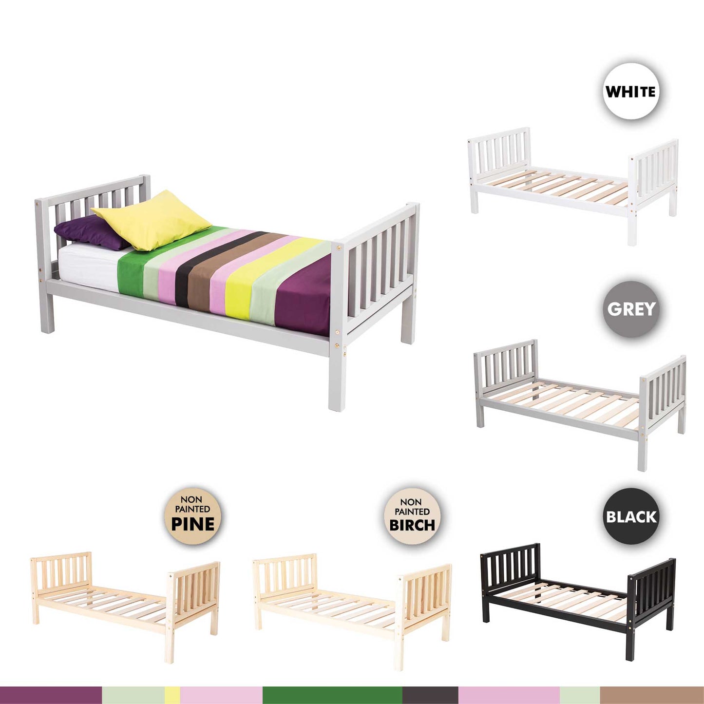 2-in-1 kid's bed on legs with a vertical rail headboard and footboard made from solid pine or birch wood, available in different colors and sizes.