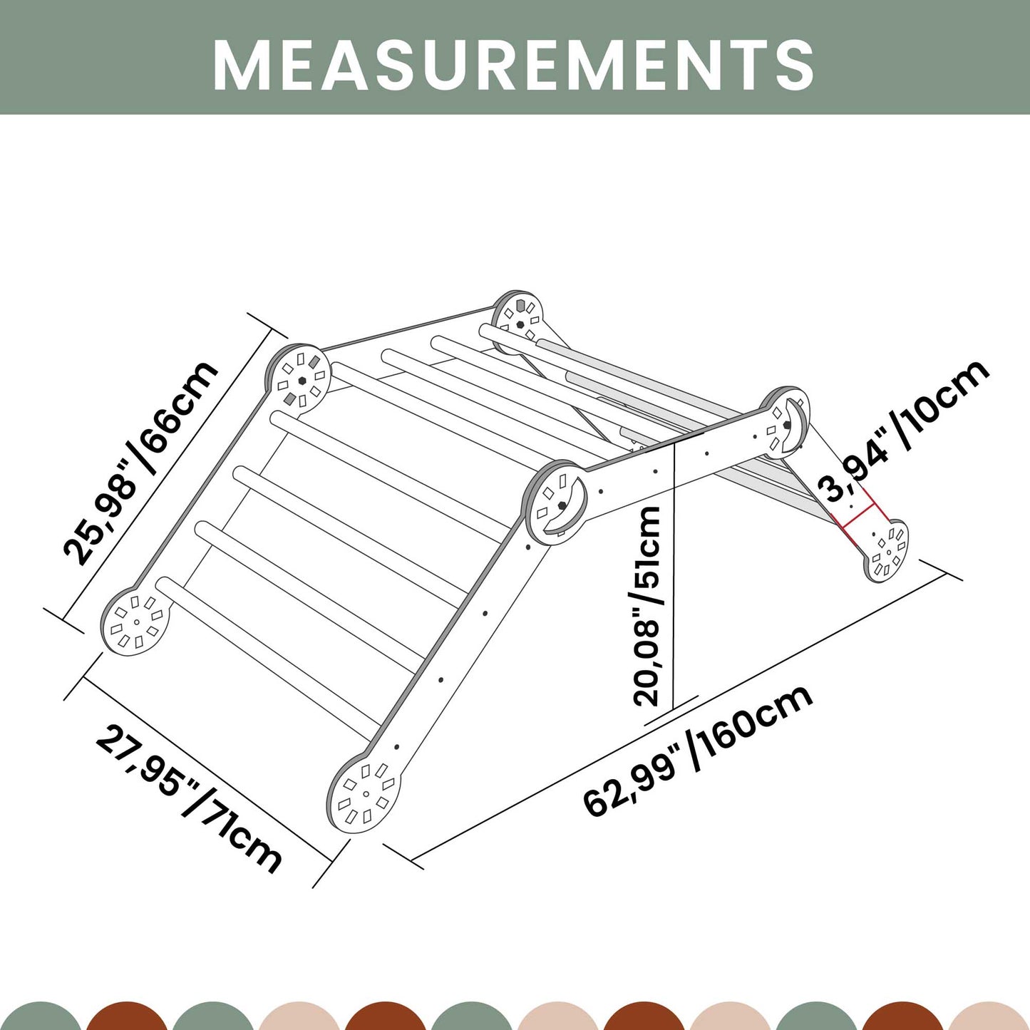 A diagram showing the measurements of a wooden ladder, Transformable climbing gym.