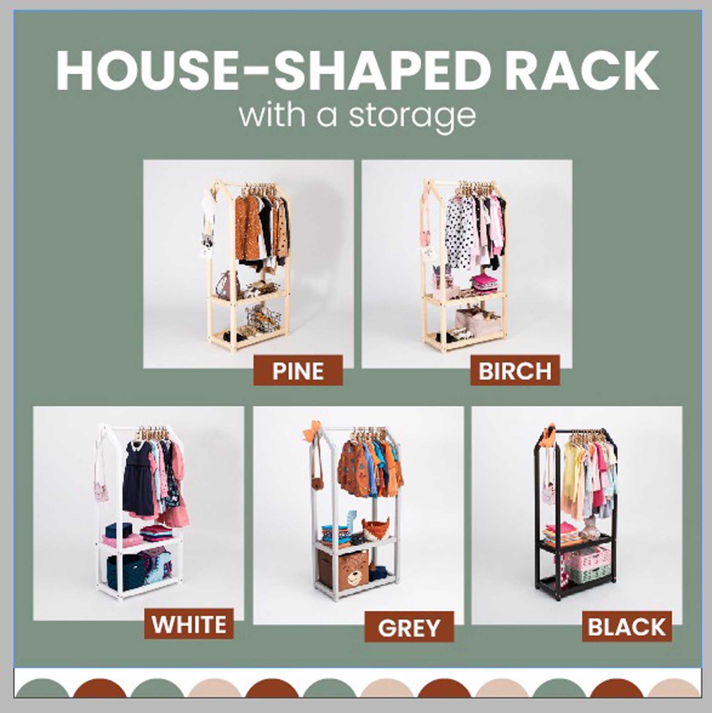 House shaped rack with a Sweet Home From Wood Montessori wardrobe for kids clothing storage.