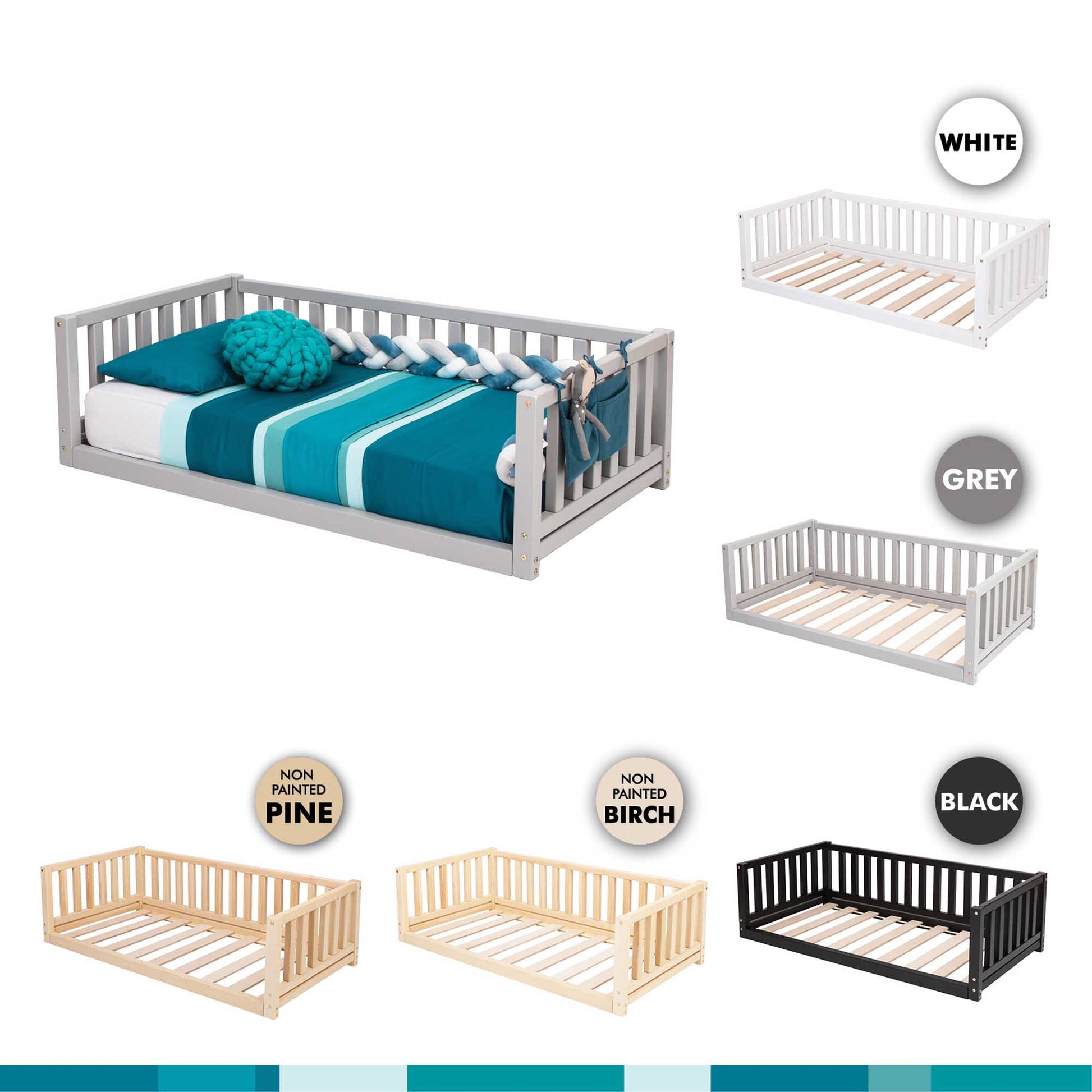 A floor-level bed with solid pine or birch wood slats available in various colors and styles. Perfect for children, the Sweet Home From Wood 2-in-1 toddler bed on legs with a 3-sided vertical rail can transition from a toddler bed to.
