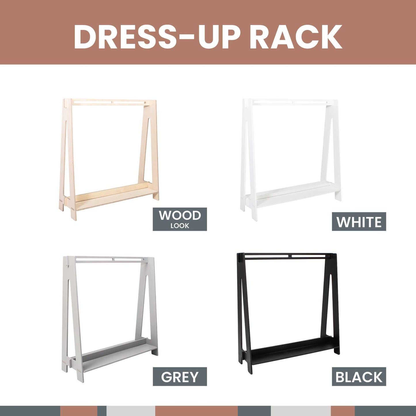 Compact wooden kids' clothing rack for children's dress-up.