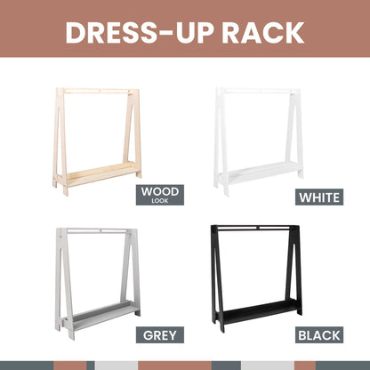 Compact wooden kids' clothing rack for children's dress-up.