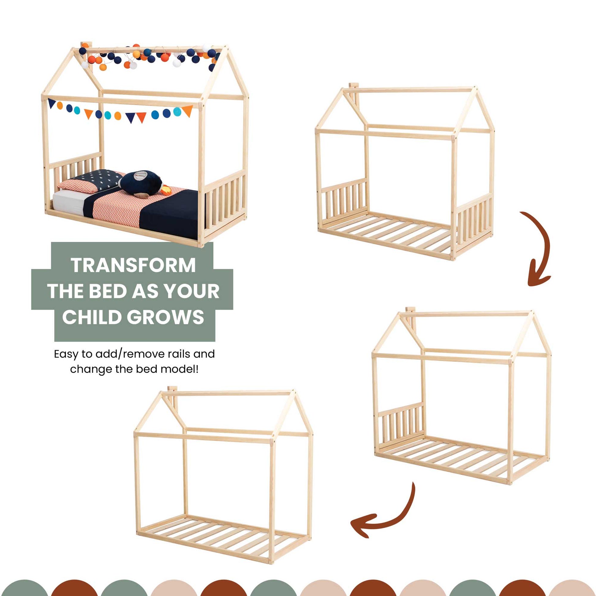 A cozy sleep haven where your child can grow, featuring a Sweet Home From Wood Montessori House Bed with a headboard and footboard.
