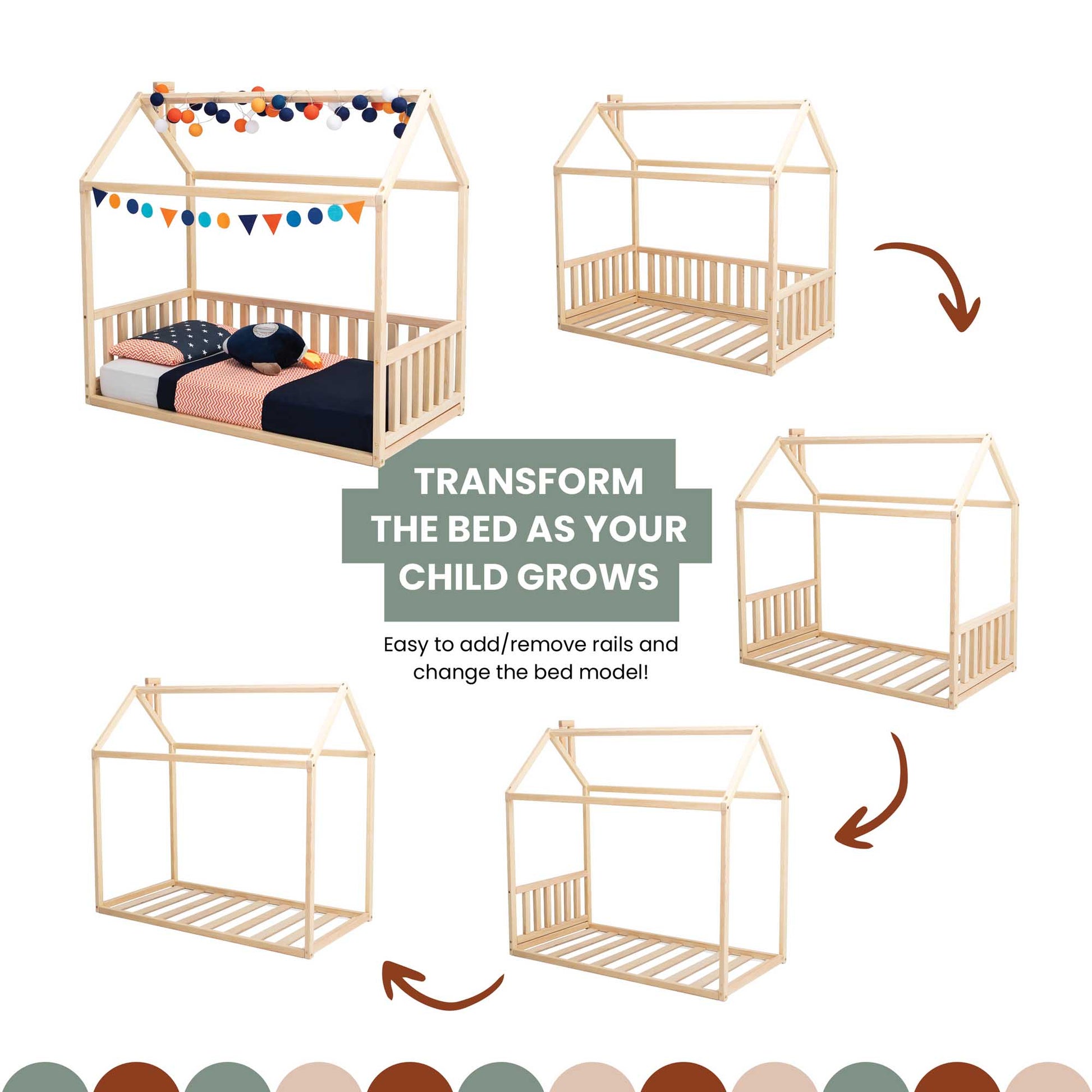 Create a cozy sleep haven with the Sweet Home From Wood Kids' house-frame bed with 3-sided rails, perfect for your growing child.