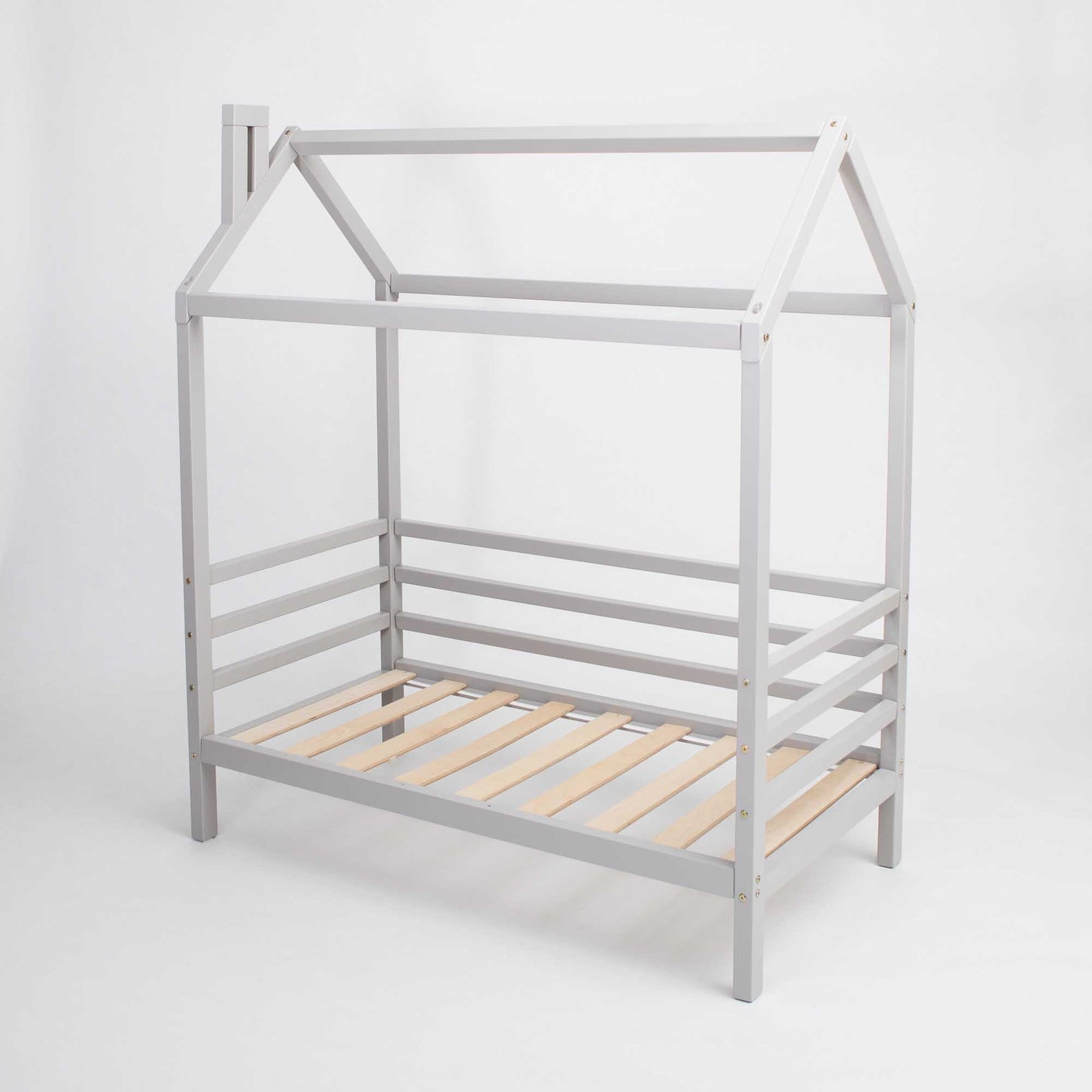 A Children's house bed on legs with 3-sided rails and a grey frame.