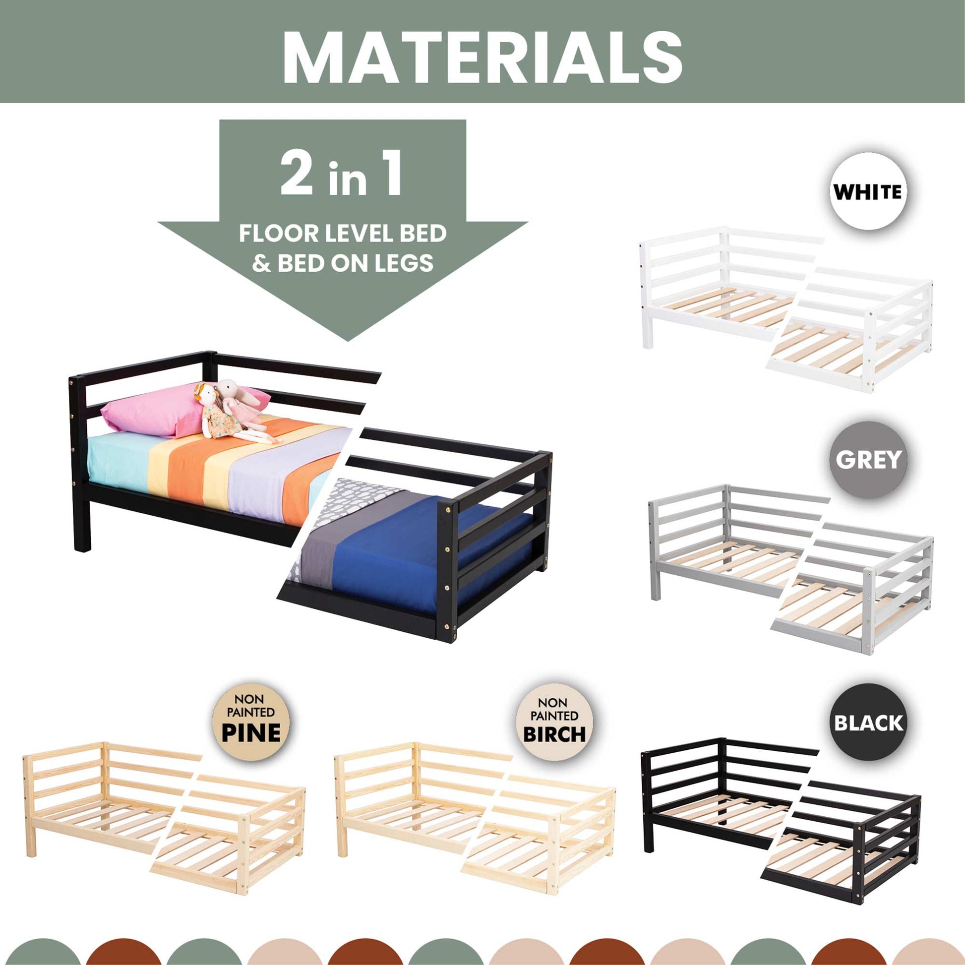 A visual display of the "2-in-1 transformable kids' bed with a 3-sided horizontal rail" in white, grey, black, non-painted pine, and non-painted birch. The image showcases both setup options for each color, featuring solid wood legs ideal for a child's bed.