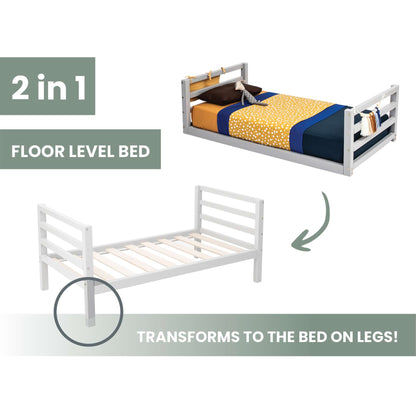 Image showing the 2-in-1 kids' bed with a horizontal rail headboard and footboard, showcasing its versatile design that allows it to be used at floor level or elevated on solid wood legs. The white bed frame features a slatted design. Text highlights its versatility.