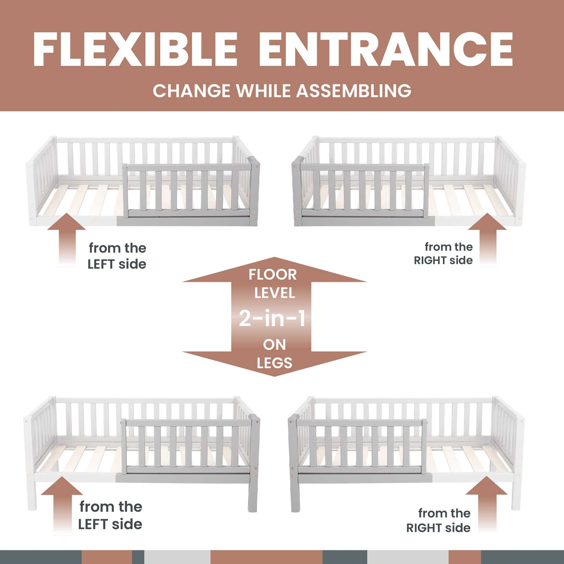 A diagram illustrating the step-by-step assembly process for a long-lasting Sweet Home From Wood 2-in-1 toddler bed on legs with a vertical rail fence, featuring a flexible entrance.
