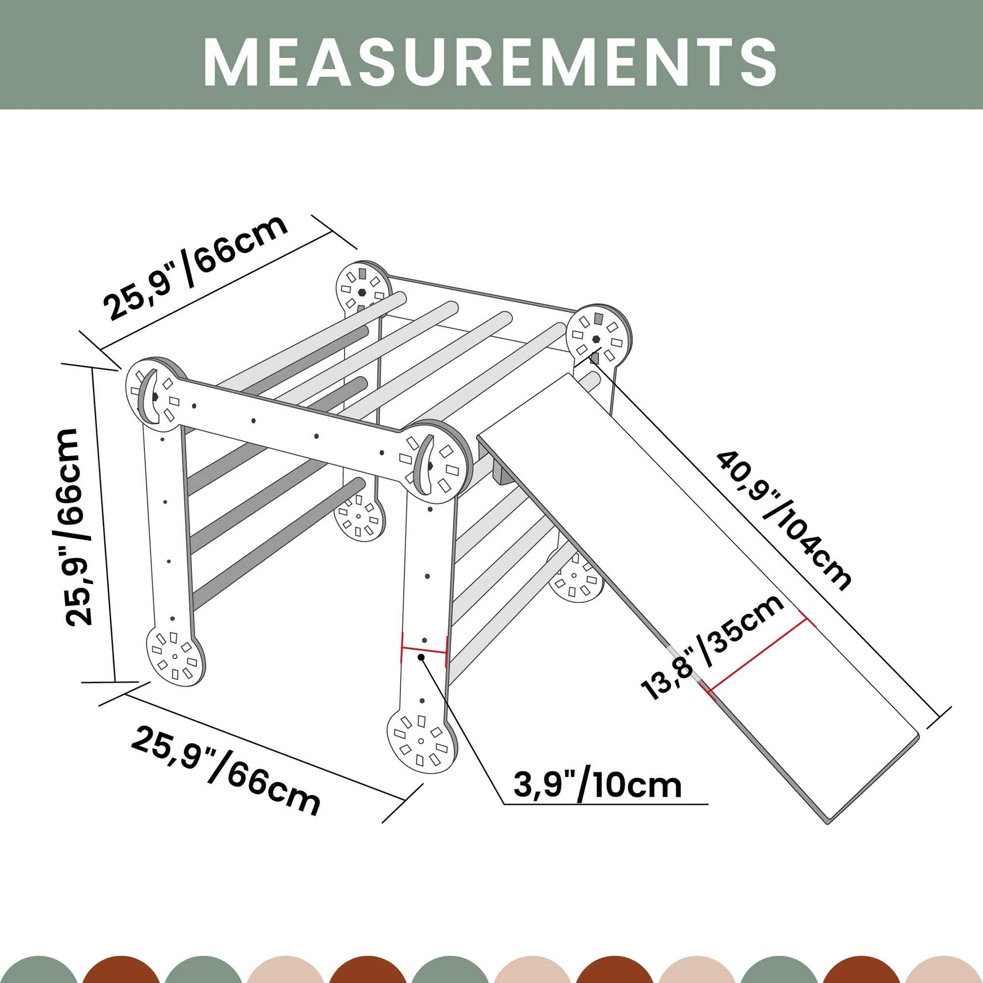 A diagram showing the measurements of an Climbing triangle + Transformable climbing gym + a ramp with sensory panels.