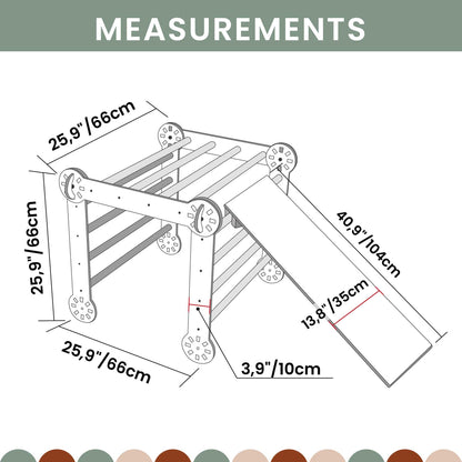 A Montessori-inspired diagram illustrating the measurements of a 2-in-1 Climbing Cube/ Table and Chair + Transformable Climber + a Ramp featuring an activity cube.