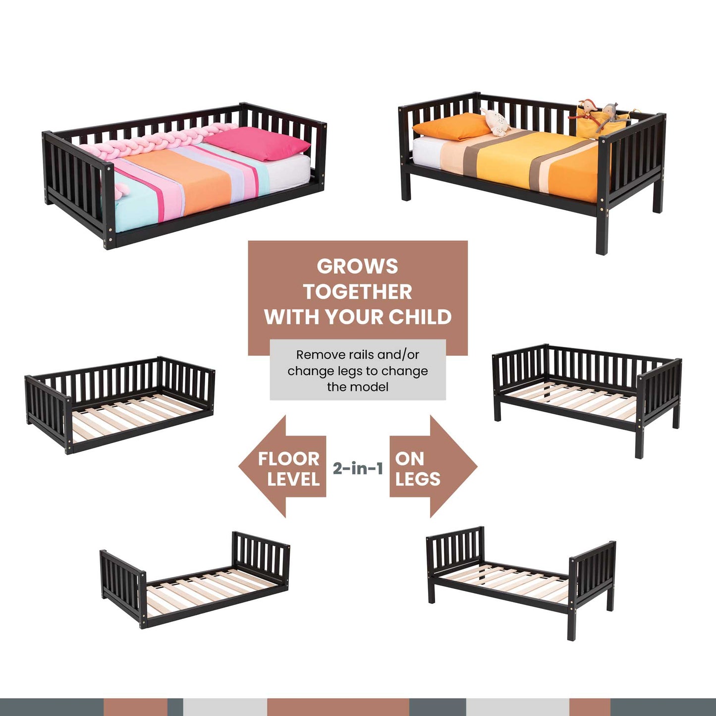 A poster showcasing a variety of children's beds, including Sweet Home From Wood's 2-in-1 toddler bed on legs with a 3-sided vertical rail and Montessori house beds.