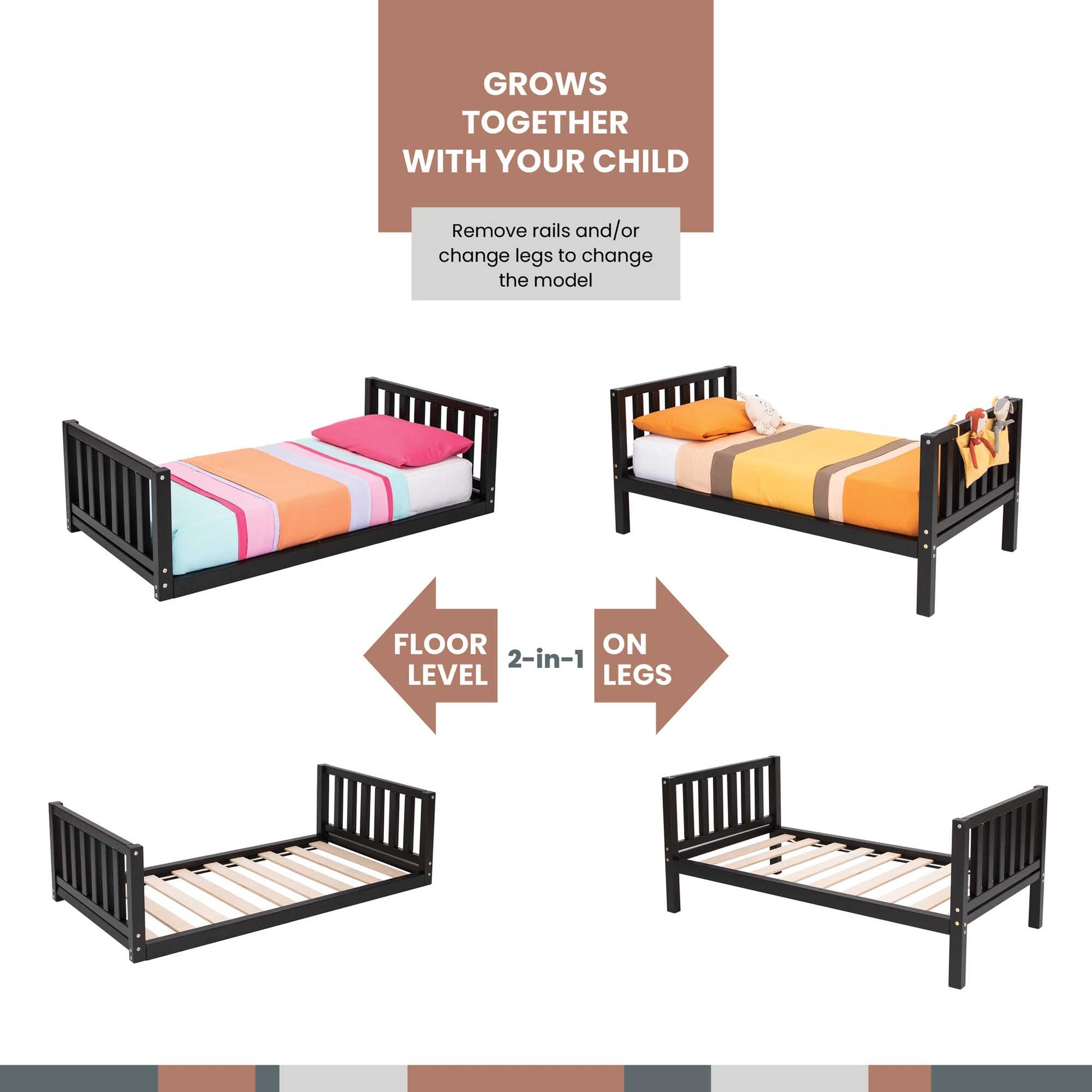 A poster showcasing the 2-in-1 kid's bed on legs with a vertical rail headboard and footboard, featuring options such as floor-level bed and crafted from either solid pine or birch wood.