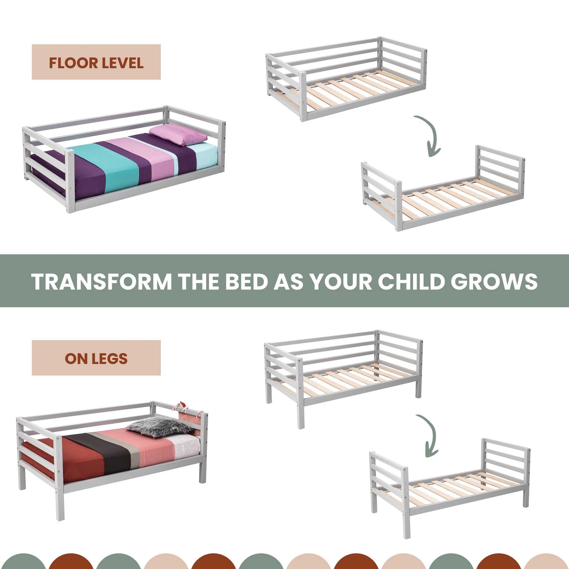 A picture of the Sweet Home From Wood 2-in-1 transformable kids' bed with a 3-sided horizontal rail, perfect for boys, that transforms as your child grows.
