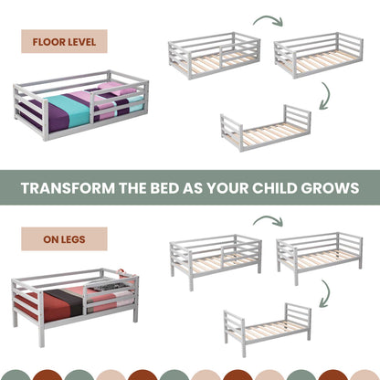 A set of pictures showing how to transform the Sweet Home From Wood 2-in-1 transformable kids' bed with a horizontal rail fence as your child grows.