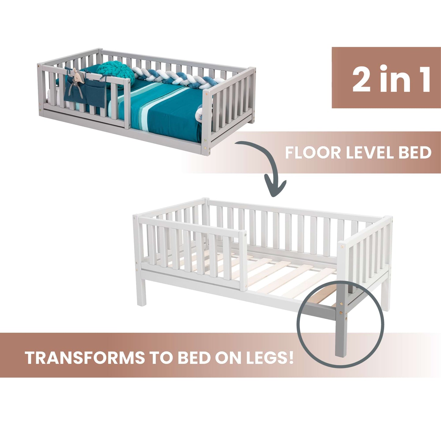 Two images of a Sweet Home From Wood 2-in-1 toddler bed on legs with a vertical rail fence for kids.