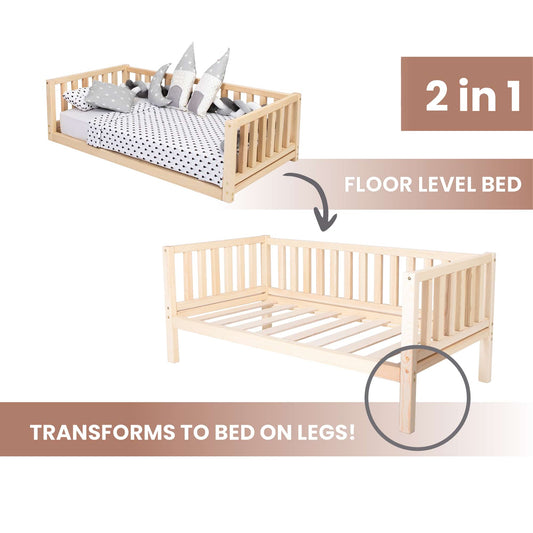 Introducing the Sweet Home From Wood Montessori-inspired 2-in-1 toddler bed on legs with a 3-sided vertical rail! This innovative floor bed is designed to mimic a cozy house bed, providing a secure and independent sleeping space for your little one.
