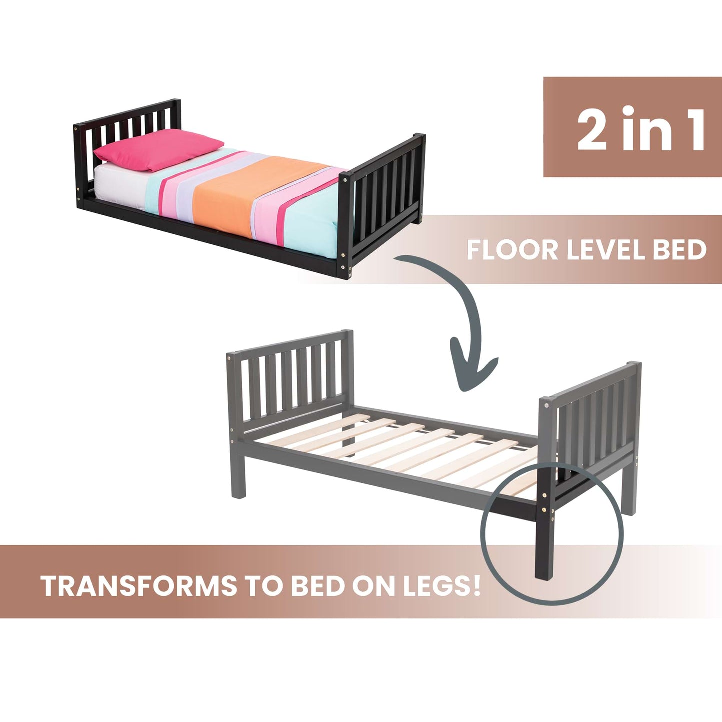 This 2-in-1 kid's bed on legs with a vertical rail headboard and footboard is made from solid pine or birch wood and is designed as a floor-level children's bed.