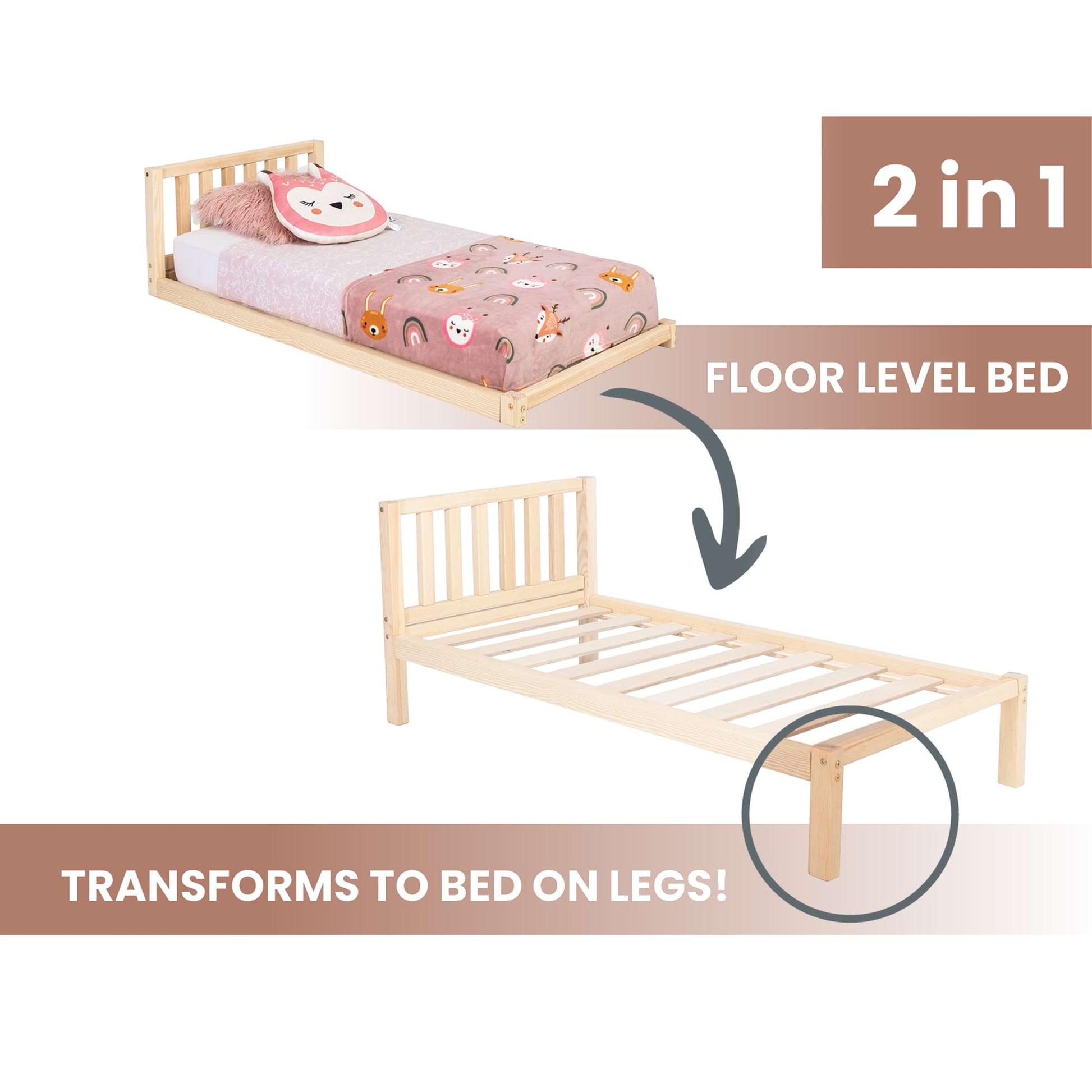 Sweet Home From Wood's 2-in-1 toddler bed on legs with a vertical rail headboard doubles as a floor level bed.