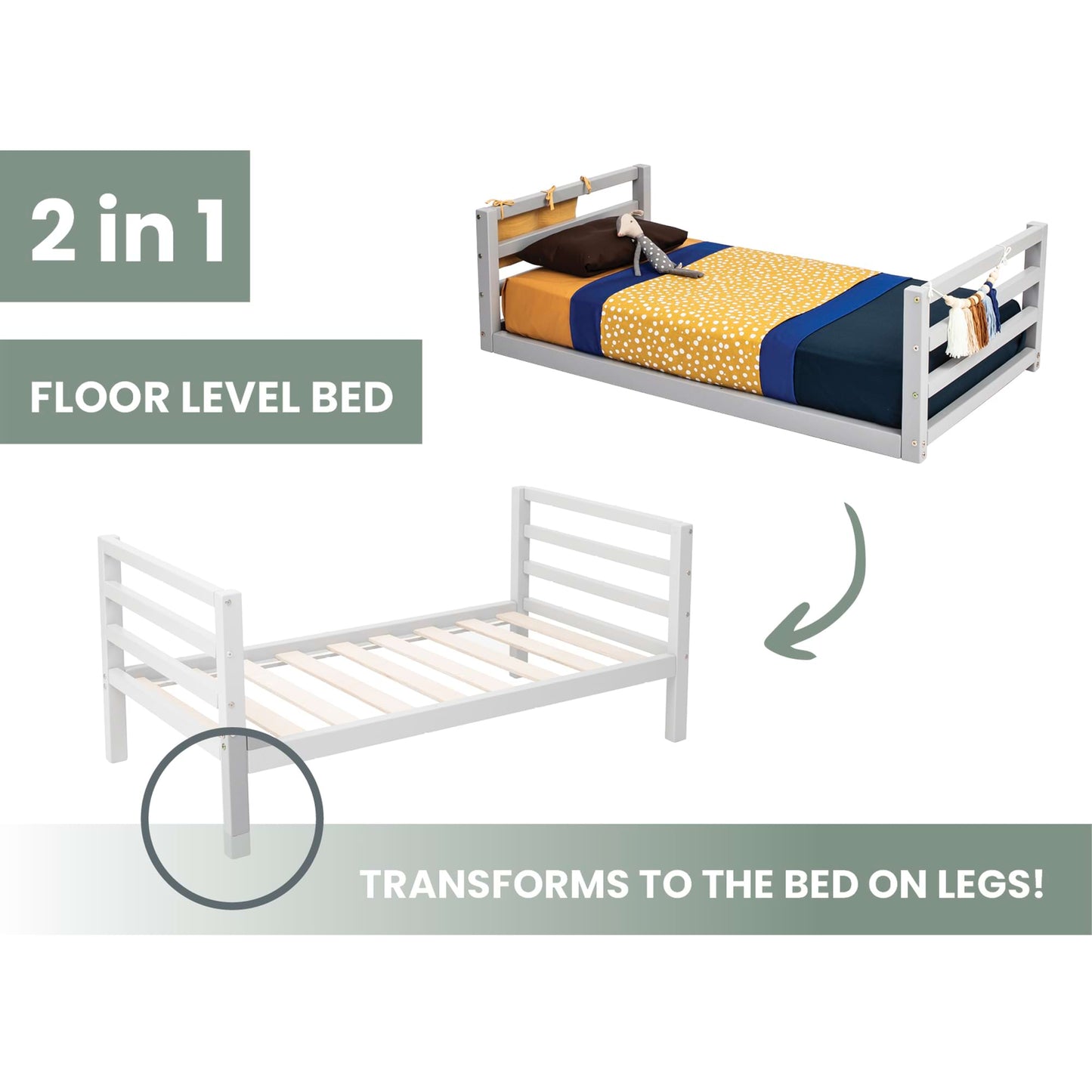 2-in-1 transformable kids' bed with a horizontal rail headboard and footboard