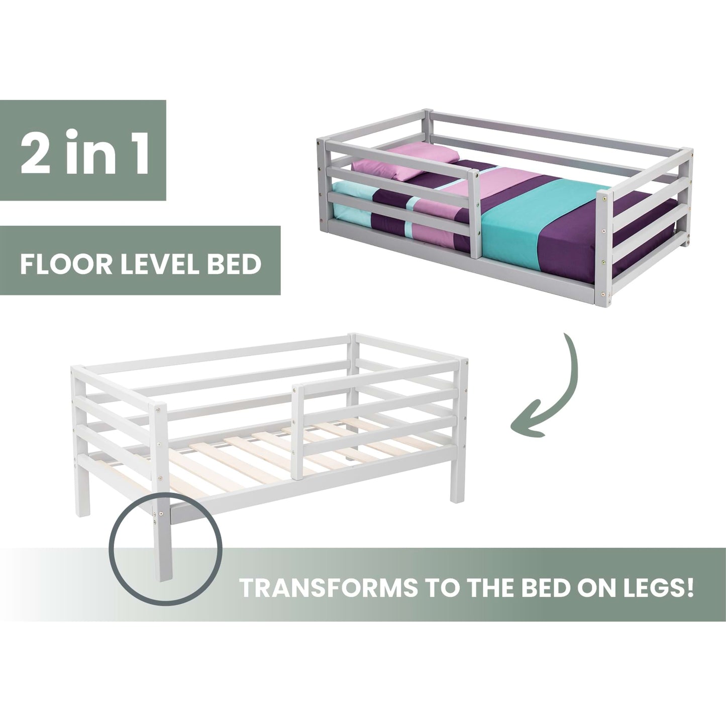 Sweet Home From Wood 2-in-1 transformable kids' bed with a horizontal rail fence.