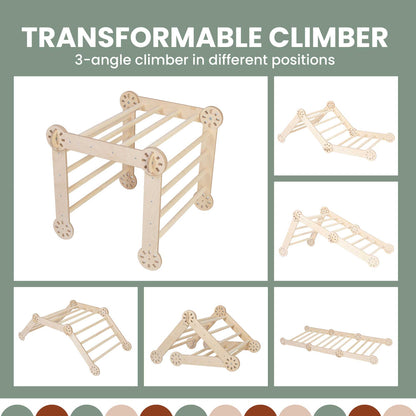 A set of pictures featuring a Climbing arch + Transformable climbing gym + a ramp.
