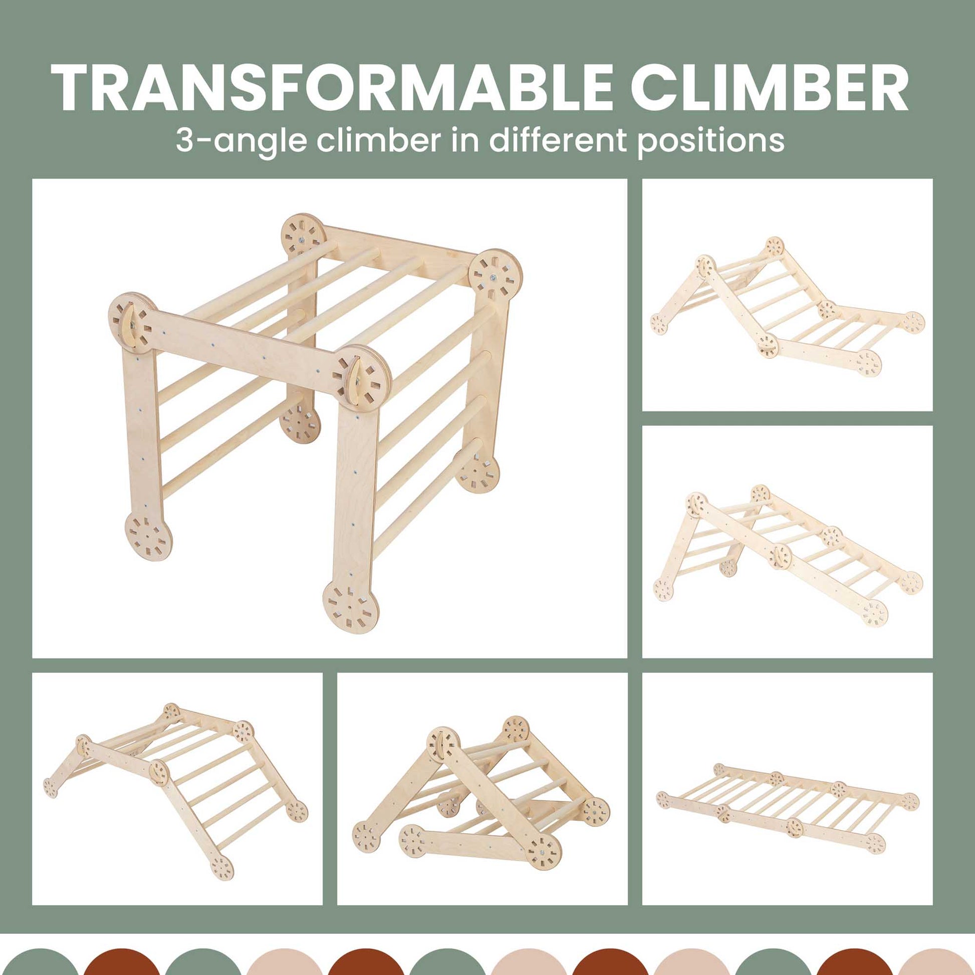 A set of pictures with the words Transformable climbing triangle + Transformable climbing gym + a ramp.
