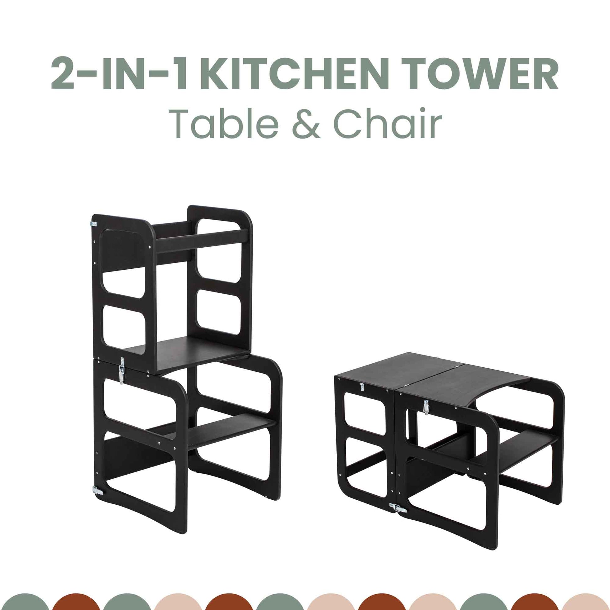 The 2-in-1 Transformable Kitchen Tower - Table and Chair Set is perfect for the young chef. This Montessori helper tower effortlessly converts into a small table and chair set, showcased here in sleek black.