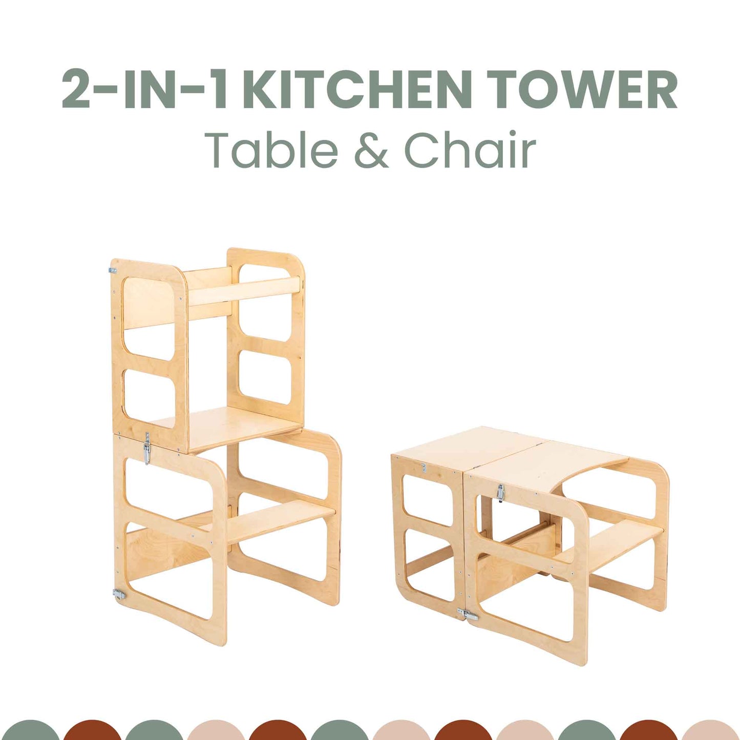 Introducing the 2-in-1 Transformable Kitchen Tower - Table and Chair Set, perfect for your young chef. This convertible wooden kitchen tower effortlessly transforms into a table and chair, making it an ideal Montessori helper tower for budding cooks.