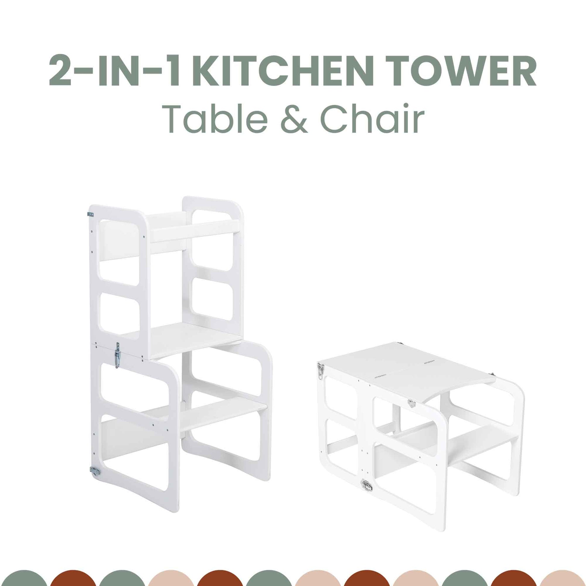 Here is an image of the 2-in-1 Transformable Kitchen Tower - Table and Chair Set that can easily be converted into either a table and chair set or used as a Montessori helper tower to support your young chef in the kitchen. Both the tower and the chair/table feature a white, modern, minimalist design.