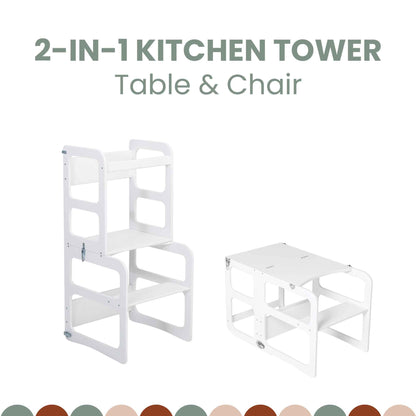 Here is an image of the 2-in-1 Transformable Kitchen Tower - Table and Chair Set that can easily be converted into either a table and chair set or used as a Montessori helper tower to support your young chef in the kitchen. Both the tower and the chair/table feature a white, modern, minimalist design.