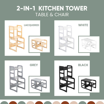 Lacquered, white, grey, black - all four colors of Montessori 2-in-1 transformable kitchen tower - table and chair set.