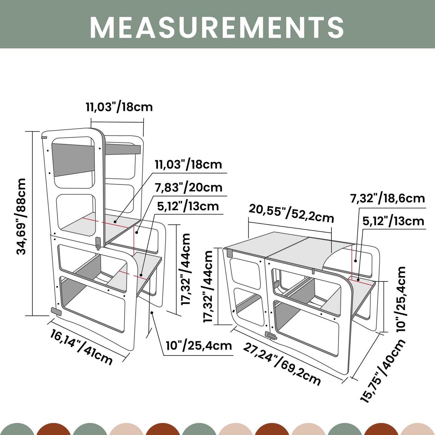 A diagram showing the measurements of a 2-in-1 transformable kitchen tower - table and chair set.