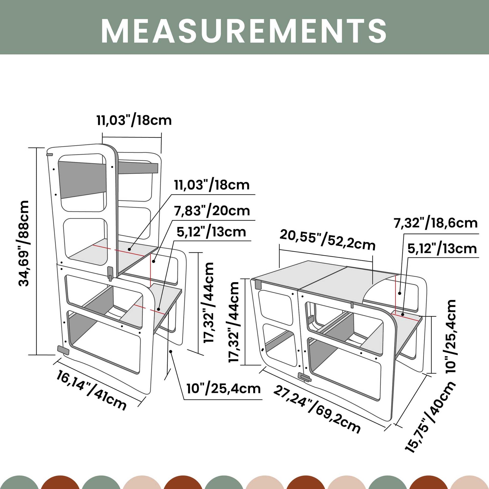 A diagram showing the measurements of a 2-in-1 transformable kitchen tower - table and chair set.
