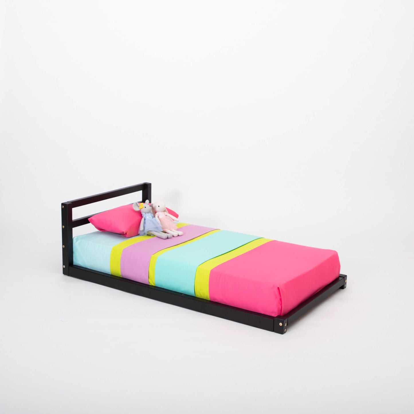 A Toddler floor bed with a horizontal rail headboard from Sweet Home From Wood, perfect for either boys or girls.